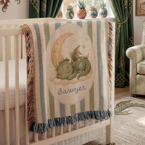 Personalized Sleeping Dragon Baby Blanket, Custom Dragon Nursery Blanket, Fantasy Baby Name Blanket, Storybook Dragon Baby Gift