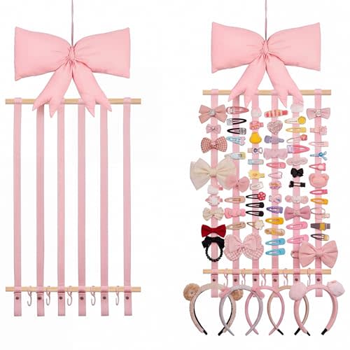Sliner Pink Bow Headband and Bow Clip Holder Organizer for Girls Soft and Fluffy Wall Mounted Hair Accessories Holder with Decorative for Bedroom Bathroom, Ideal for Hair Clips Storage(Classic)