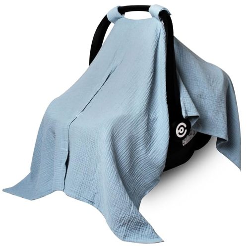 Muslin Car Seat Cover for Babies, Baby Carseat Cover for Boys Girls, Breathable Infant Car Seat Canopy, Multiuse Baby Carrier Cover & Nursing Breastfeeding Cover(Blue)