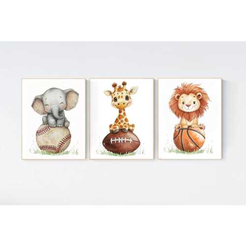 Baby Animal Sports Nursery Print: Safari Baseball, Football, Basketball