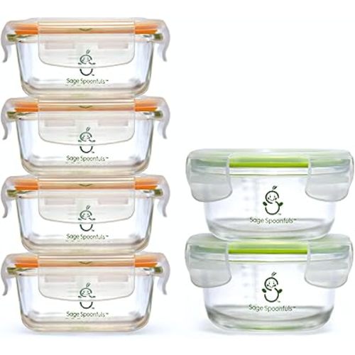Sage Spoonfuls Glass Baby Food Containers with Lids - 6 Pack, 4 oz & 7oz Baby Food Jars, Durable, Leakproof, Airtight, Freezer Storage, Reusable Glass Baby Food Containers, Microwave & Dishwasher Safe