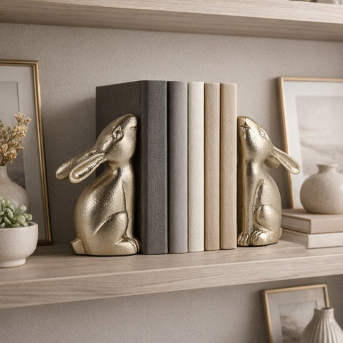 Everly Quinn Modern Decorative Bunny Bookends For Bookshelf Decor - Whimsical Book Ends For Home Decor, Shelf Styling, Or Office Desk Accessory - Set Of 2, 7", Gold | Wayfair