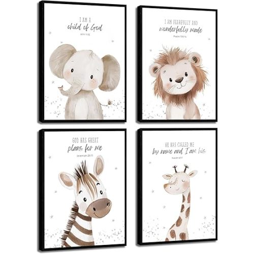 Framed Nursery Bible Verse Animal Canvas Wall Art Funny Cute Safari Animals Christian Painting Wall Decor Lions Elephant Giraffe Zebra Poster Print Artwork for Boys and Girls Home Decoration