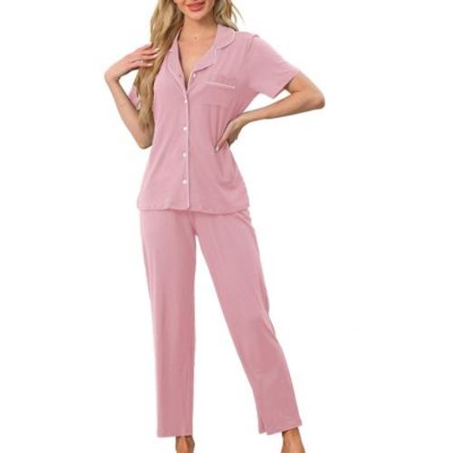 cheibear Women's 2 Pcs Button Down Short Sleeve Shirt and Pants Pajama Set Loungewear Large Grey Pink