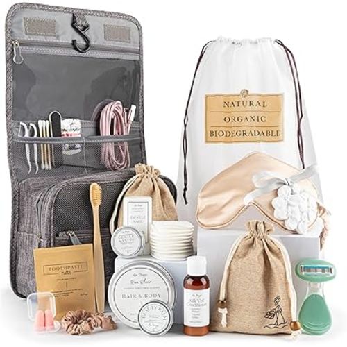 Travel Gift Box for Women - Luxury Spa Natural Organic Convenience Kit, Mini Travel Sized Toiletries, Honeymoon Vacation Essentials, Bridesmaid Gifts, Hospital, Postpartum, Get Well, Self Care Package