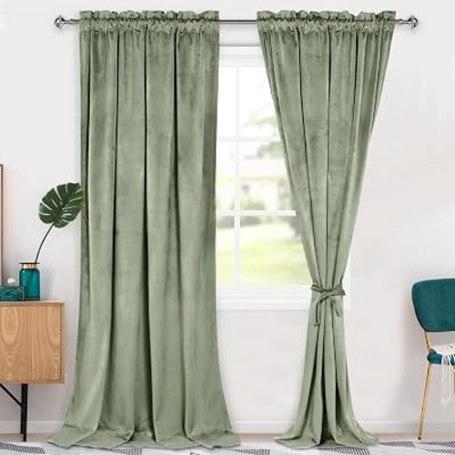 Sage Green Velvet Blackout Curtains 96 inches, 52W x 96L 2 Panels