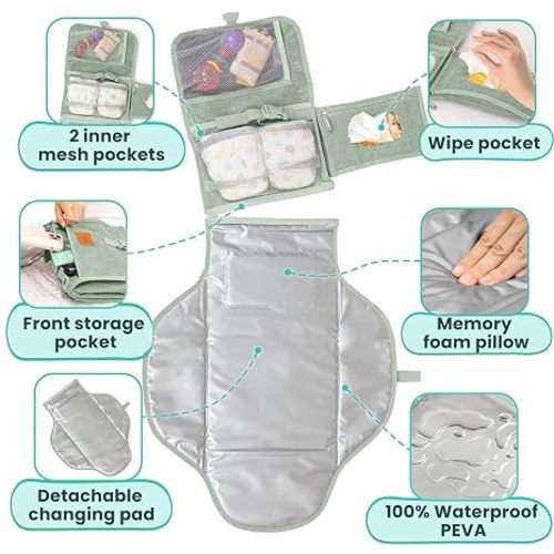 Portable Changing Pad for Baby, Travel Diaper Changing Pad for Newborn, Large Waterproof Baby Changing Mat, Foldable & Detachable Diaper Changing Station with Baby Wipes Pockets, Baby Stuff by Pillani