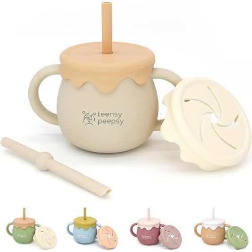 Honey Jar Pot 3-in-1 Silicone Training Cup 8.5oz, Unisex Baby Sippy Cup with Straw & Snack Lid for 6 months+ Break Resistant Straw Cup for Toddler Smoothie Drinkware (Sandy Beige)