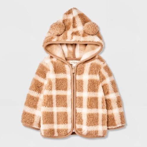 Baby Plaid Faux Shearling Hooded Jacket - Cat & Jack™ Brown Newborn