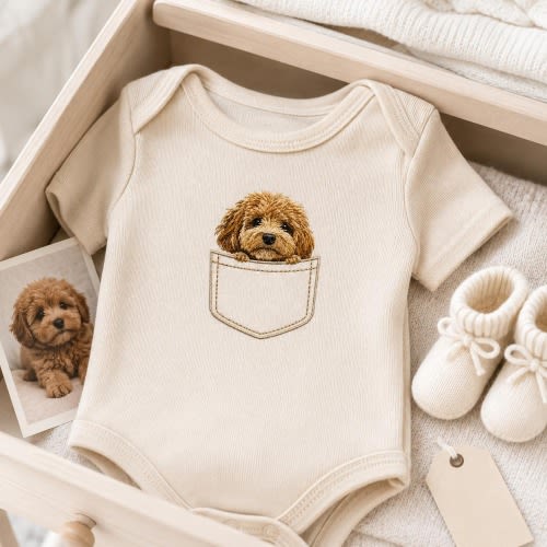 Personalized Embroidered Pet Portrait Baby Bodysuit - Custom Dog Face Bodysuit with Pocket - Puppy Sibling Outfits - Baby Infant Romper