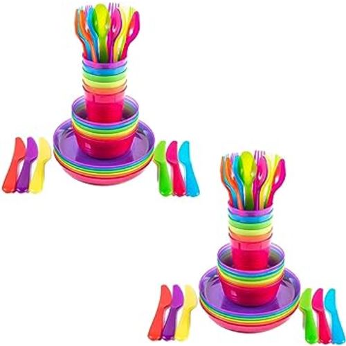 Kids Plastic Dinnerware Set of 72 Multi Color Pieces (Plates, Bowls, Cups and Flatware) - Reusable, BPA-Free, Dishwasher Safe and Microwaveable