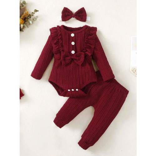 Baby Girls' Spring/Autumn Casual Bodysuit With Bow Decoration, Ruffle Trim, Long Pants And Headband 3pcs/Set | SHEIN