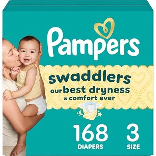 Pampers Swaddlers Diapers, Size 3 (13-26 lbs), 168 Count, Hypoallergenic, Absorbent, Keeps Baby Dry and Comfortable, Skin Safe Disposable Baby Diaper