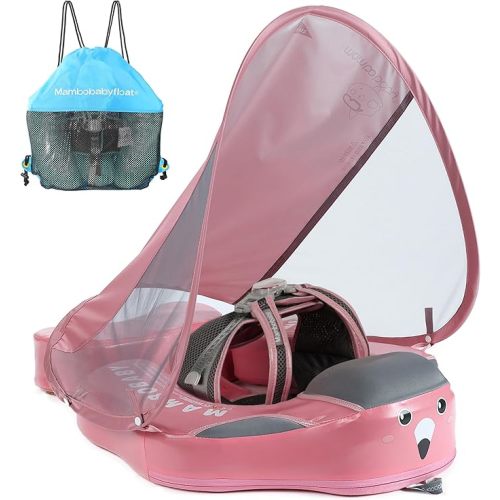 Mambobaby Float Add Tail Baby Swim Float with Canopy, Non-Inflatable Solid Baby Float, Upgrade Soft Waterproof Skin-Friendly Leather Material Infant Swim Float (Deluxe Edition Pink)