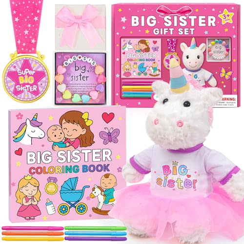 HAPGFS Big Sister Gift Set for Girls - Plush Unicorn with Big Sister Outfit, Coloring Book, Medal, and Bracelet for Girls Age 3-8 from New Baby, Promoted to Bigsis