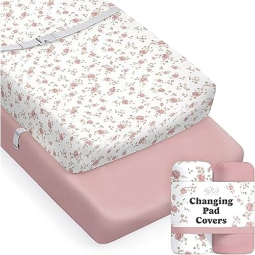 Sorrel + Fern Baby Changing Pad Cover 2-Pack for Girls (Juliette) - Premium Fitted Sheets Baby Diaper Changing Table Cover - Buttery Soft Cotton Blend