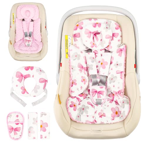 Hooyax Infant Car Seat Insert with Removable Head Support, Dual-Sided Baby Car Seat Cushion for Preemies & Newborns - Universal Head & Body Support for Car Seat, Stroller & Swing(Bow Flower)
