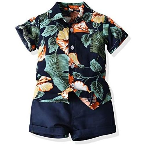 JunNeng Toddler Baby Boy Shorts Sets Hawaiian Outfits,Tropical Floral Short Sleeve Shirt +Elastic Shorts Vacation Clothes