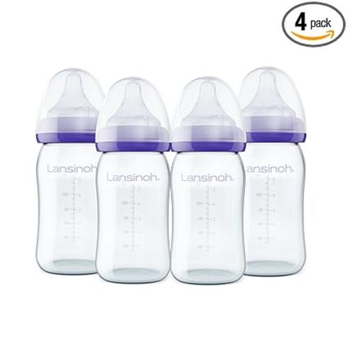 Lansinoh Anti-Colic Glass Baby Bottles, 5 Ounces, 4 Count Bottles for Feeding, Baby Essentials, Includes 4 Slow Flow Nipples, Size S