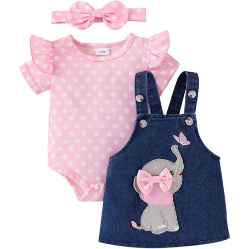 ODIMAME 3-6 Months Baby Girl Clothes Ruffle Romper Elephant Jean Skirt Pink