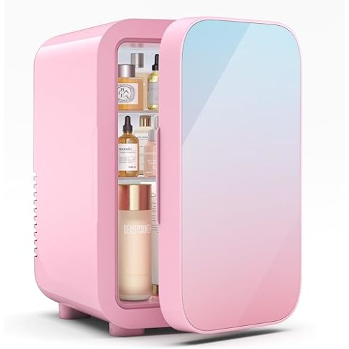 Mini Fridge,6 Liter/8 Can New Upgraded Skincare Fridge,110V AC/DC Portable Thermoelectric Cooler & Warmer for Skin Care, Cosmetics, Beverage, Food,Great for Bedroom,Office,Dorm(Pink)