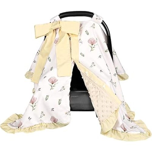 SWESEN Summer Baby Car Seat Cover for Girls, Ruffle Carseat Covers for Baby Girls, Beautiful Baby Car Seat Canopy Cover with Removable Bow, Floral