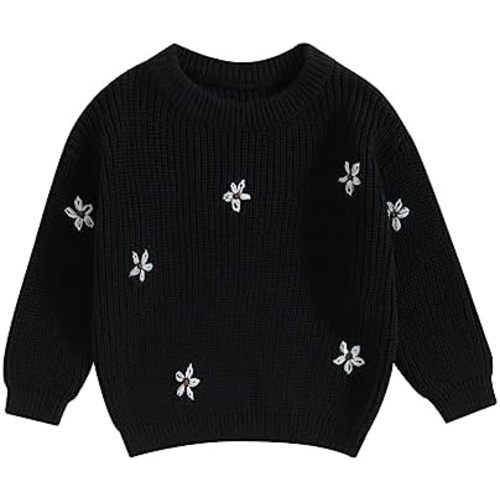 Infant Toddler Baby Girl Knit Sweater Long Sleeve Floral Embroidery Pullover Sweatshirt Warm Fall Winter Clothes