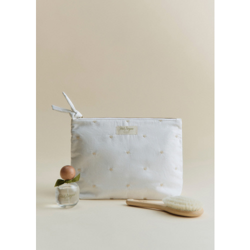 Zippered Toiletry Bag - White Beige Heart Embroidery