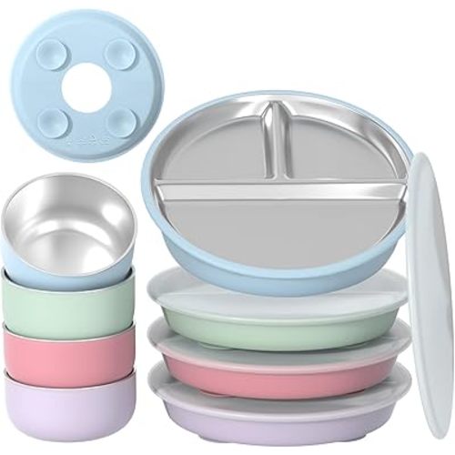NUTIKAS Toddler Plates and Bowls Set with Lids - Suction Divided Stainless Steel Kids Plates with Dividers Silicone Baby Dishes (4 Pack Sets)