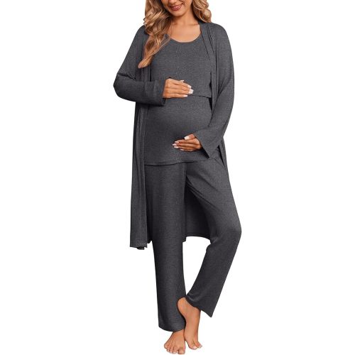 Ekouaer Nursing Pajamas Maternity Robe Set 3 Pieces Postpartum Maternity Pajama Set Pregnancy Breastfeeding Pj