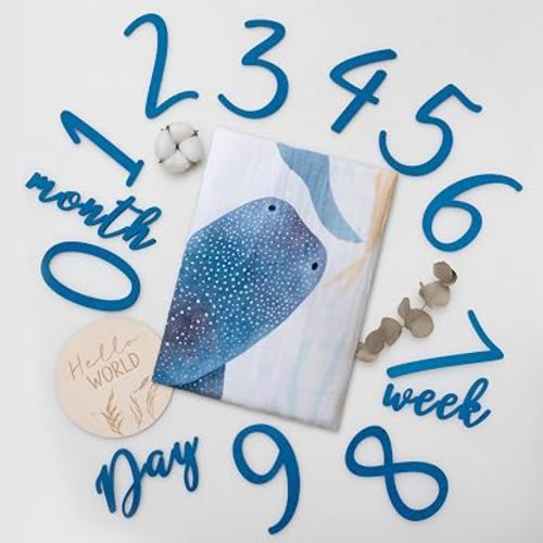 Ocean Baby Milestone Blanket – Monthly Baby Milestone Photo Prop for Boy, Under The Sea Growth Tracker Blanket with Hello World Sign and Registry Must-Have