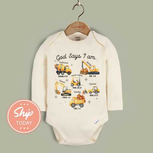 Construction Vehicle Baby Bodysuit, Christian Baby Outfit, Bible Verse Baby Clothes, Faith-Based Baby Gift, Baby Shower Gift(KA-FAL7)
