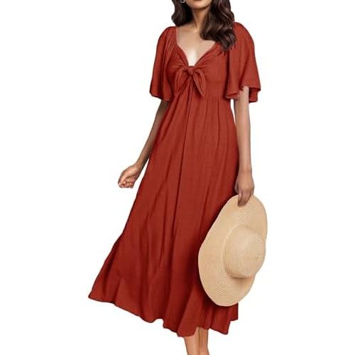 GOLDSTITCH Summer Dress for Women 2025 Casual Short Sleeve Bow Tie V Neck Smocked High Waist A-Line Flowy Midi Dress
