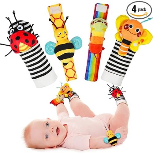 Infinno Baby Wrist Rattle Socks and Foot Finder Set, Perfect Baby Toys for 0-12 Months Newborn Boys and Girls As Shower Gifts, Garden Bug Series