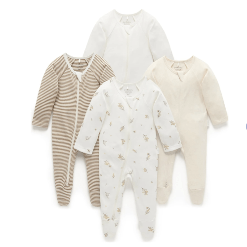 4 Pack Zip Coverall Vanilla Wattle Bee Pack - Purebaby Rompers | Maisonette