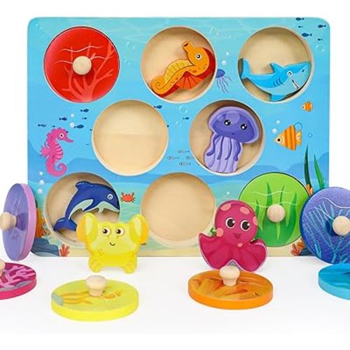 Montessori Wooden Puzzle for Toddlers 1-3, Wooden Toy for 2+ Year Old, 1 Year Old Boy and Girl Gifts, Baby Puzzle for Toddlers Age 1-2 (8.6inches, Sea Animal)