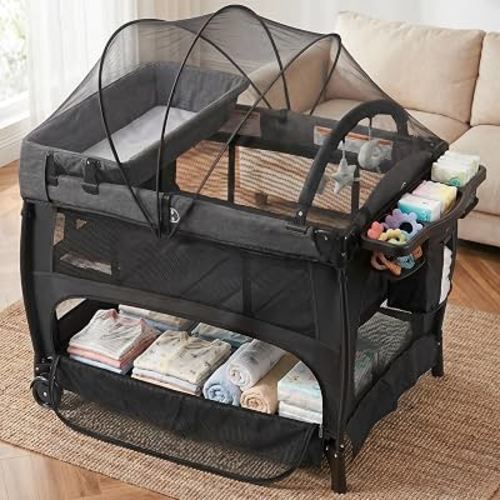 Kinder King Portable Pack and Play, Baby Playard w/Bassinet, Light Grey | Newborn Changing Table, Large Playpen for Infant and Toddler, Mosquito Net, Hanging Toys, Storage, Travel Bag, 0-36 Months