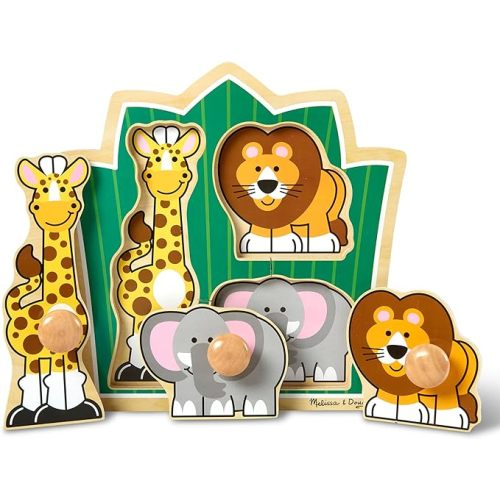 Melissa & Doug Jungle Friends Safari Animals Jumbo Knob Puzzle, Wooden Peg Puzzle for Toddlers, Educational Toy for Shape Recognition and Fine Motor Skills, Ages 1+