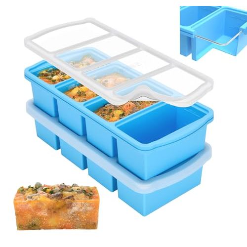 ZIP STANDING Silicone Freezer Trays with Lid,1-cup Soup Freezer Container large Ice Cube Molds with Reinforced Steel Ring Top for freezing Soup Sauce Broth Leftovers oven Dishwasher -Safe(2-Pack)