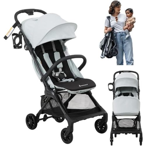 BabbleRoo Hoplite Compact Stroller – Lightweight Travel Stroller for Airplane (12.3 lbs), from Birth to 55 lbs, Easy Fold, PU Wheels, Alloy Frame, Near-Flat Recline, Cup Holder, Baby Stroller