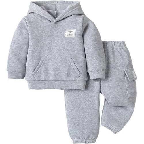 Twosya Infant Baby Boy Clothes 0-6 Months Light Grey Hoodie Sweatshirt With Pocket Elastic Waist Sweatpant For Baby Boys' Clothing Sets