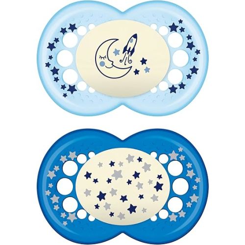 MAM Original Night Baby Pacifier, Glows in The Dark, Sterilizer Case, 2 Pack, 6-16 Months, Boy
