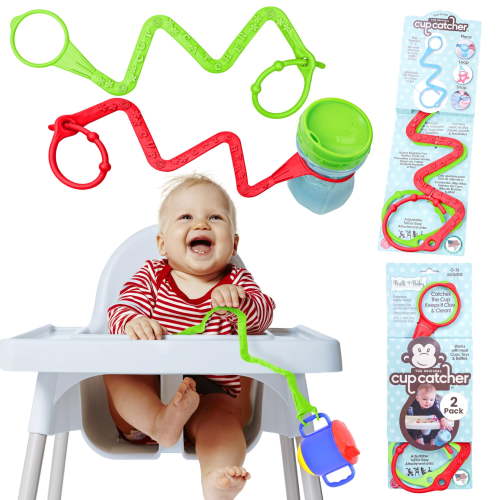 Brilli Baby Cup Catcher - Patented Safety Tether to attach Sippy Cups, Bottles, Toys & Pacifiers to Strollers, High Chairs & Car Seats, Made in USA, FDA grade, Dishwasher Safe - 2 Pack (Lime & Red)
