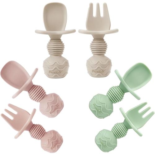 PandaEar 6 Pack Silicone Baby Spoons and Fork Feeding Set- Anti-Choke First Self Feeding Utensils for Baby Led Weaning Ages 3 Months (Pink, Green&Linen)