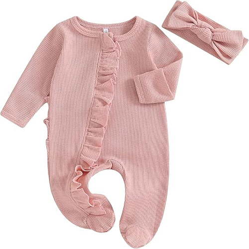 Emy Dola Newborn Baby Girl Ruffle Zip Up Romper Onesie Footies Knit Jumpsuit Infant Baby Coming Home Outfits With Headband 0-12M