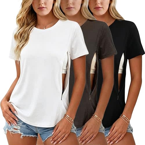 Ecavus Women's 3-Pack Nursing Shirts for Breastfeeding with Hidden Zippers Loose Fit Maternity Tops