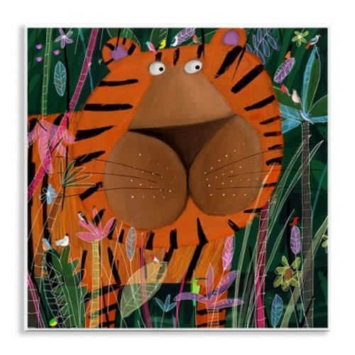 Children's Striped Tiger in Tropical Jungle Brush Wood Wall Plaque, 12in x 12in, Made in USA, By Carla Daly
