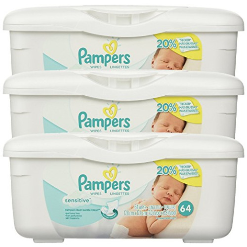 Pampers Baby Wipes Tub, Sensitive, 3 Tubs of 64 Wipes