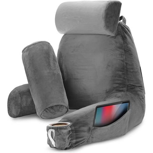 Nestl Pillow, Includes 2 Neck and Lumber Support Pillows, Designed for Sitting Up in Bed and Couch, Back and Arms Adjustable Support, Dark Grey