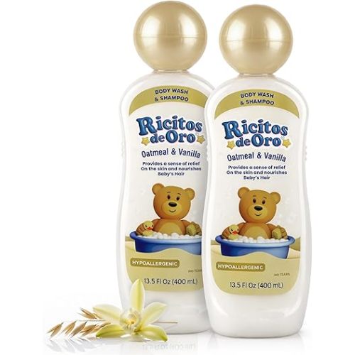 Ricitos de Oro Baby Shampoo & Body Wash with Oatmeal & Vanilla | Gentle Baby Wash for Sensitive Skin | Moisturizing Formula for Hair & Skin | 13.5 Fl Oz Bottles | 2-Pack